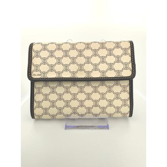 Celine Triomphe Canvas and Calfskin Compact Flap Wallet in Tan and Ivory - Picture 1 of 8